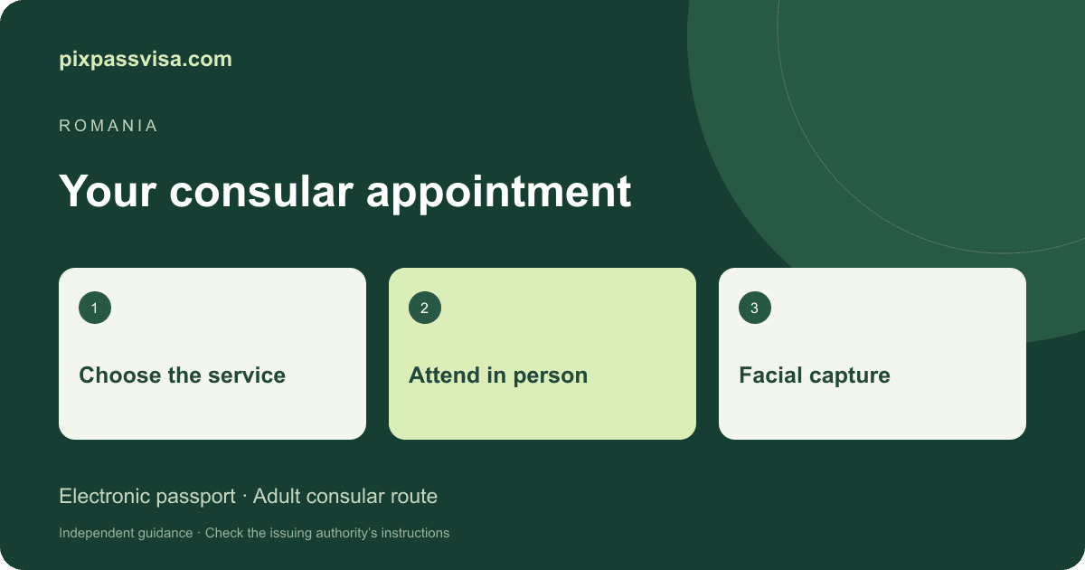 PixPassVisa Romanian electronic passport workflow: select consulate, attend appointment, facial capture